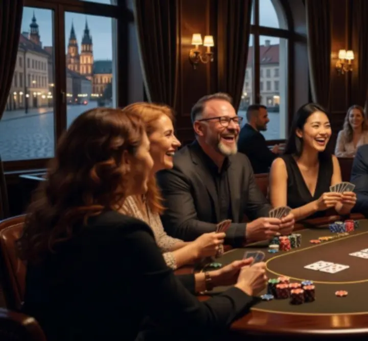 Uczestnicy wieczoru pokerowego podczas gry przy stole